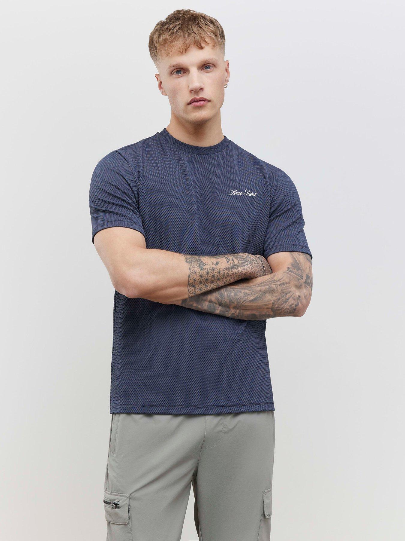 River Island Slim Fit Textured Ame Saint T-Shirt, Grey, Size S, Men