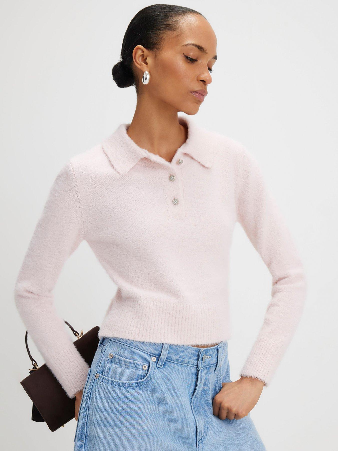 Image 1 of 4 of River Island Long Sleeve Fluffy Polo Top