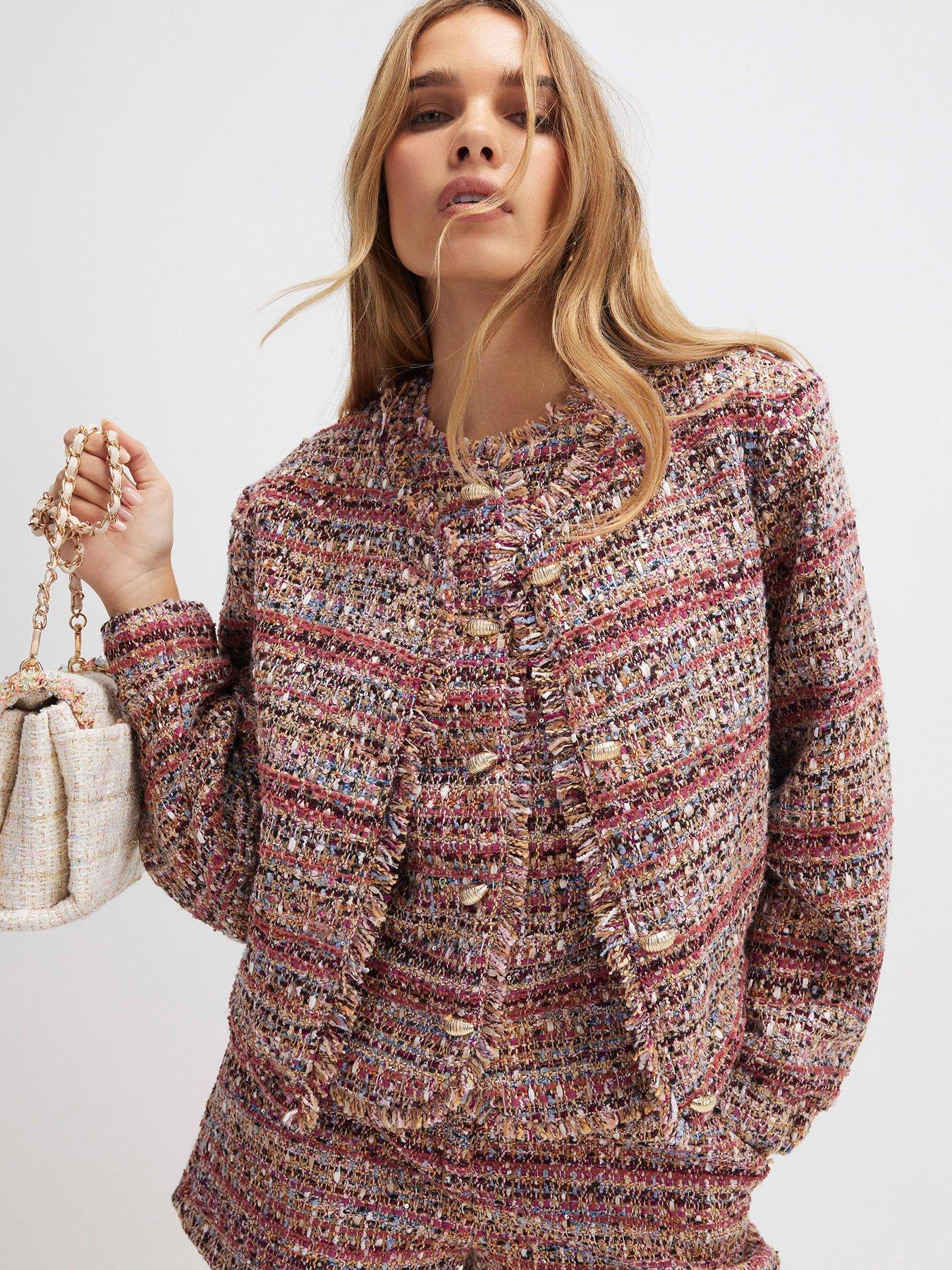 Image 1 of 4 of River Island Red Boucle Cropped Bomber Jacket