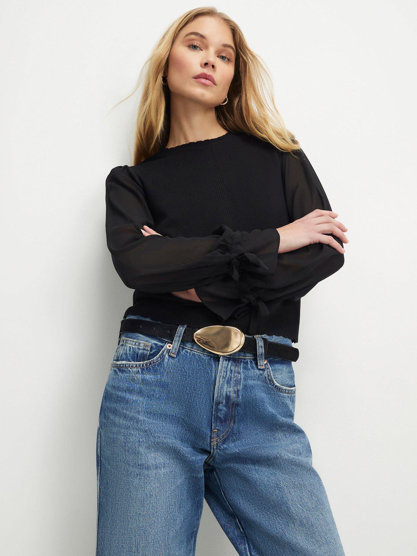 Image 1 of 4 of River Island Knitted Long Chiffon Sleeve Top