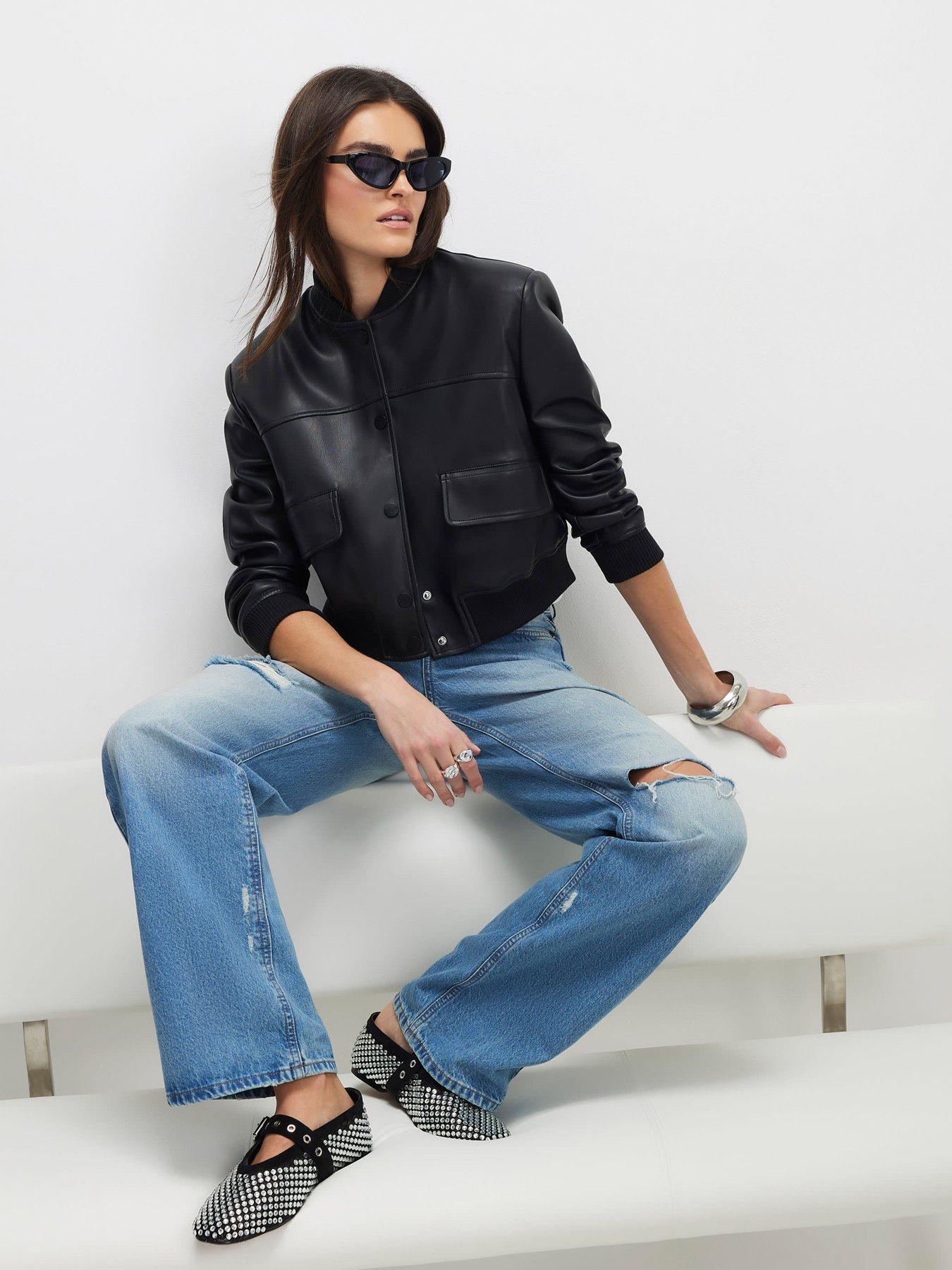 Image 1 of 4 of River Island Faux Leather Cropped Bomber Jacket