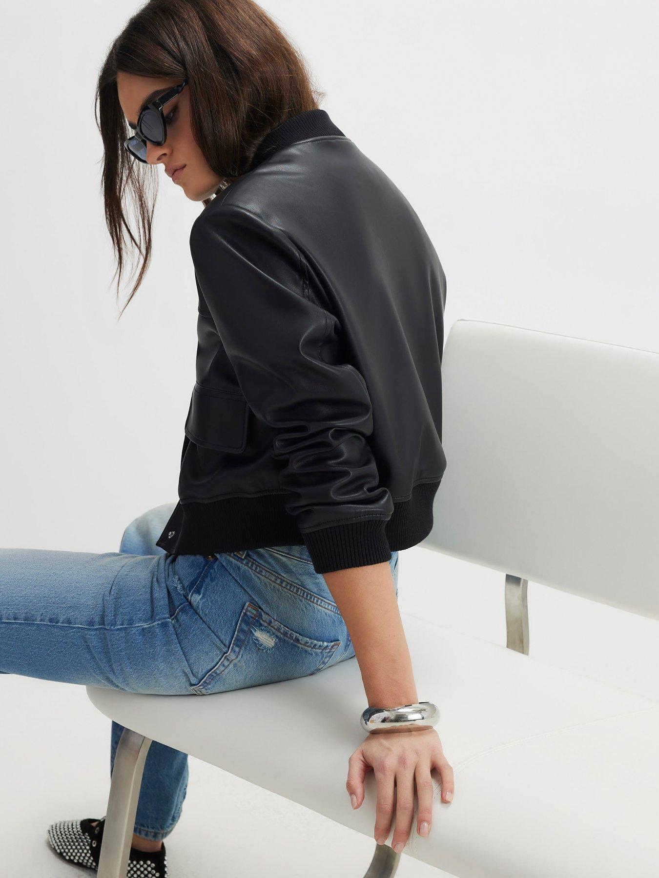 Image 2 of 4 of River Island Faux Leather Cropped Bomber Jacket