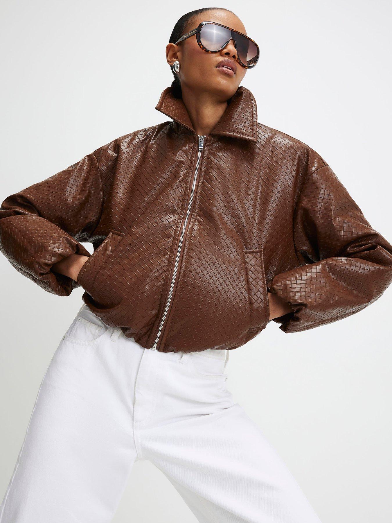 Image 1 of 4 of River Island Faux Leather Woven Bomber Jacket