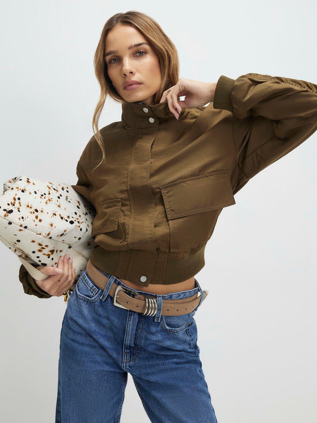 River Island Funnel Neck Bomber Jacket, Khaki, Size L, Women