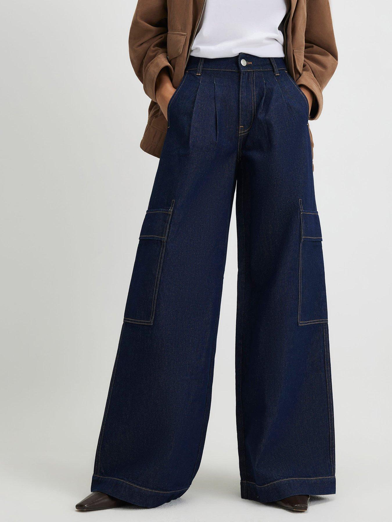 River Island Mid Rise Combat Baggy Jeans, Blue, Size 18, Inside Leg Regular, Women