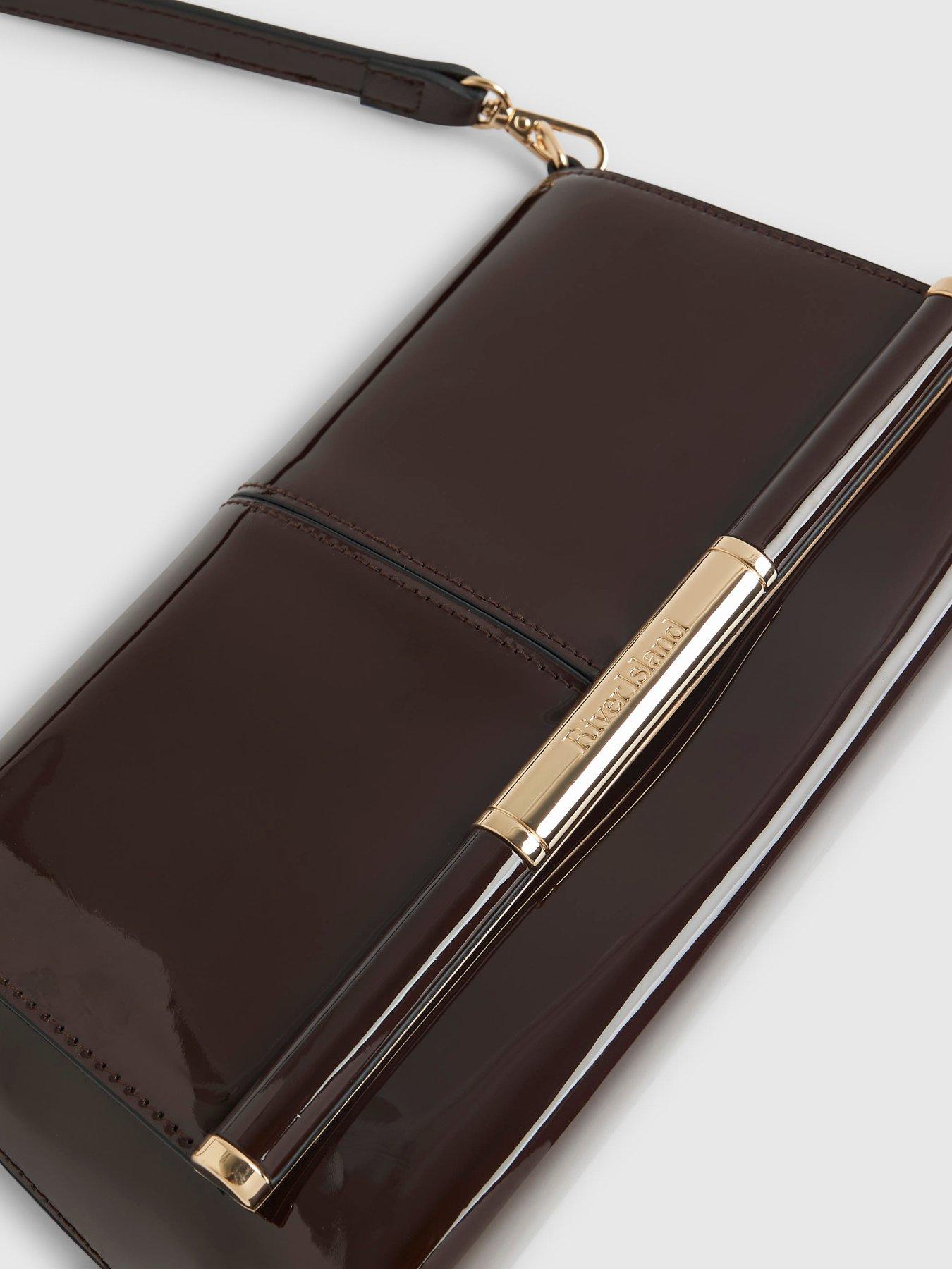Image 4 of 5 of River Island Patent Bar Front Clutch Bag - Brown