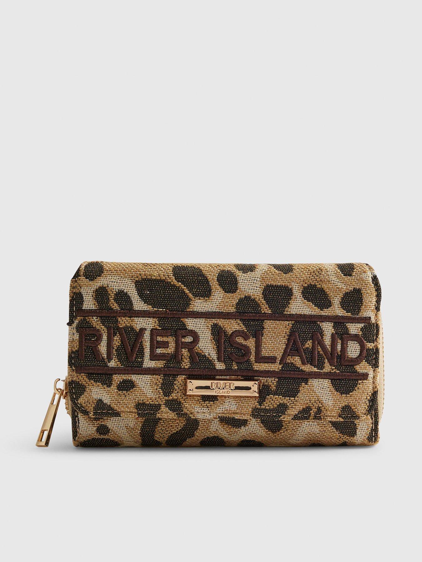 Image 1 of 5 of River Island Jacquard Leopard Print Purse - Beige