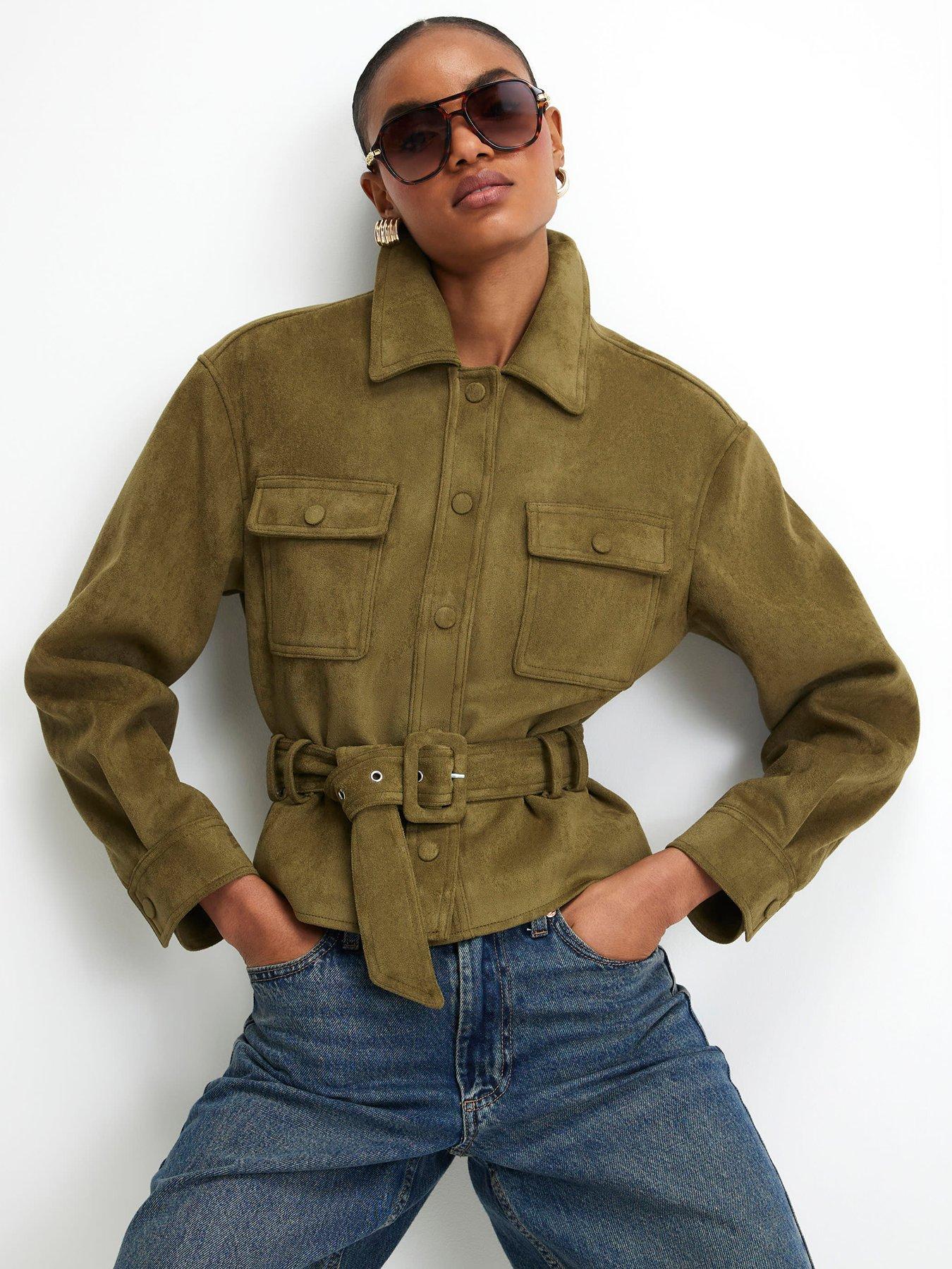 River Island Belted Faux Suede Jacket - Khaki