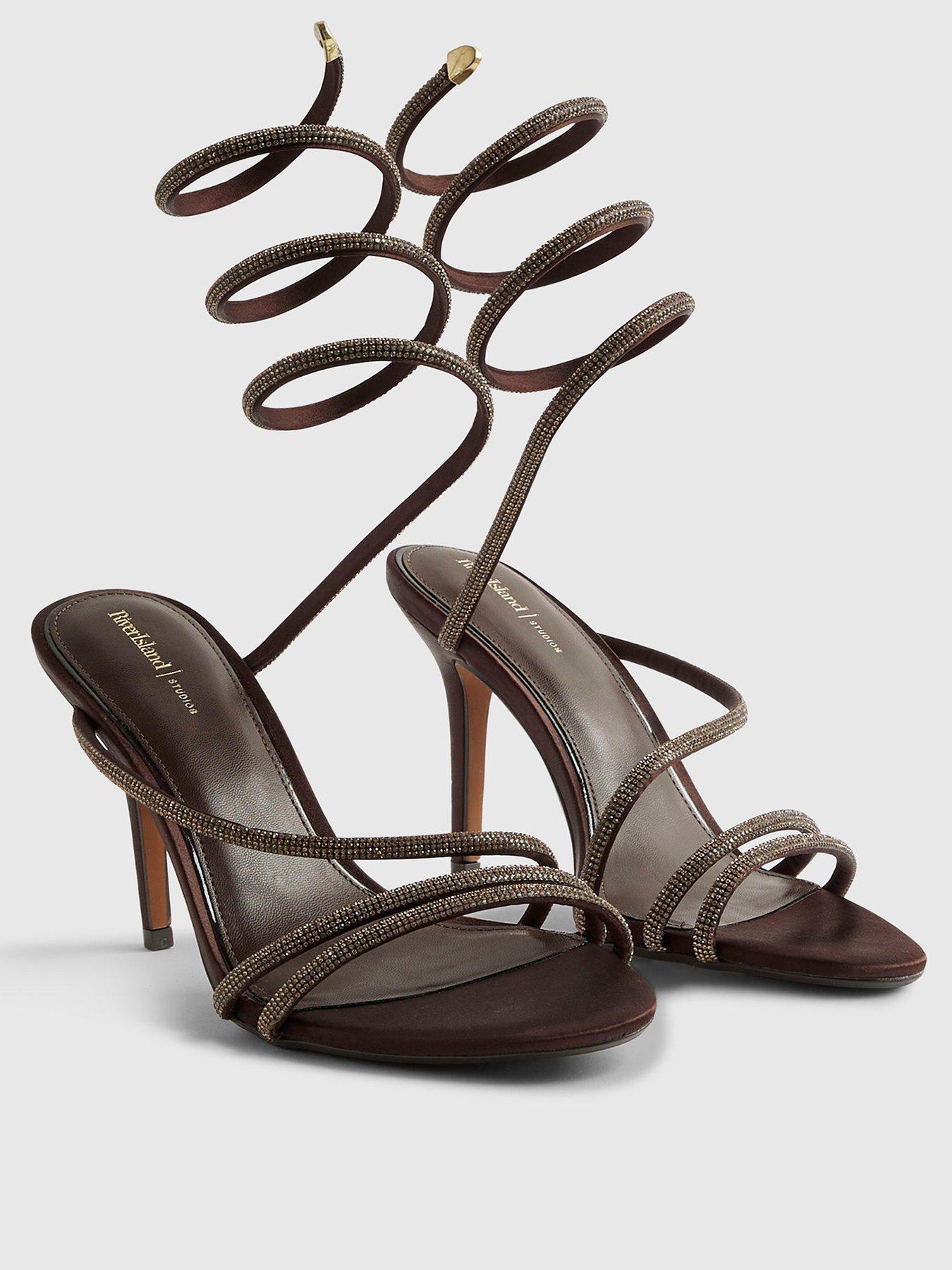 Image 2 of 3 of River Island Embellished Wrap Around Heeled Sandals - Brown