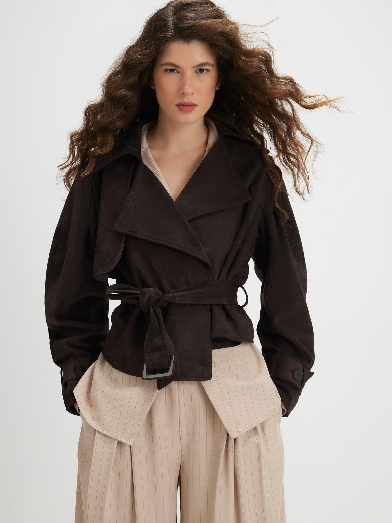 River Island Belted Faux Suede Cropped Trench Jacket - Brown