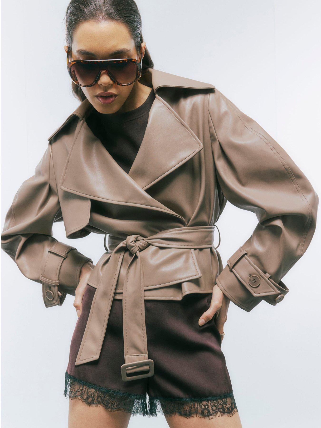 River Island Faux Leather Belted Trench Jacket - Beige