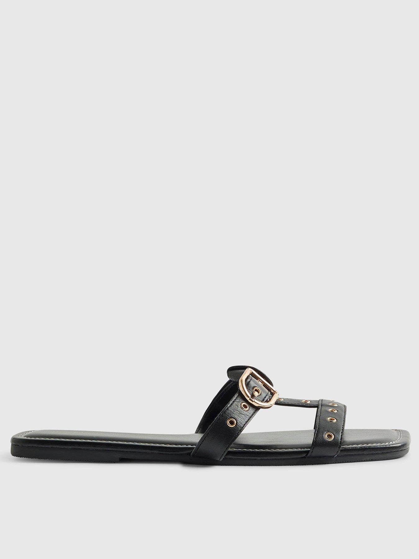 Image 1 of 4 of River Island Leather T Bar Buckle Sandals - Black