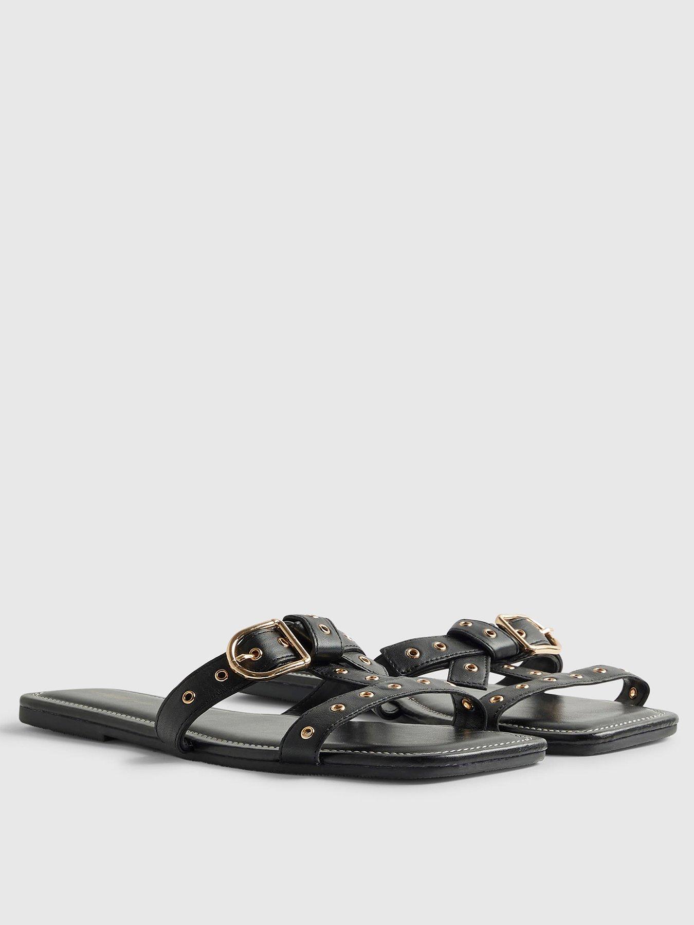 Image 2 of 4 of River Island Leather T Bar Buckle Sandals - Black