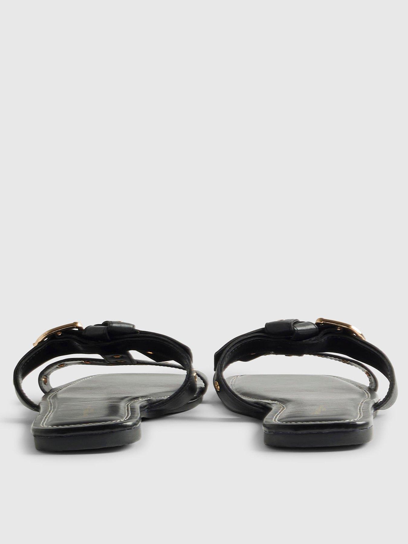 Image 3 of 4 of River Island Leather T Bar Buckle Sandals - Black