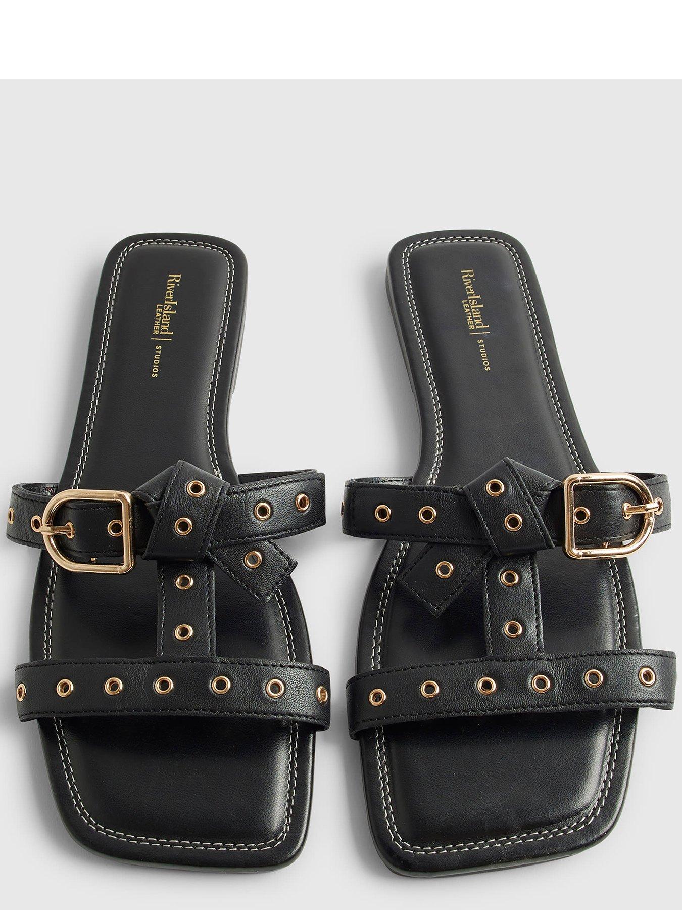 Image 4 of 4 of River Island Leather T Bar Buckle Sandals - Black