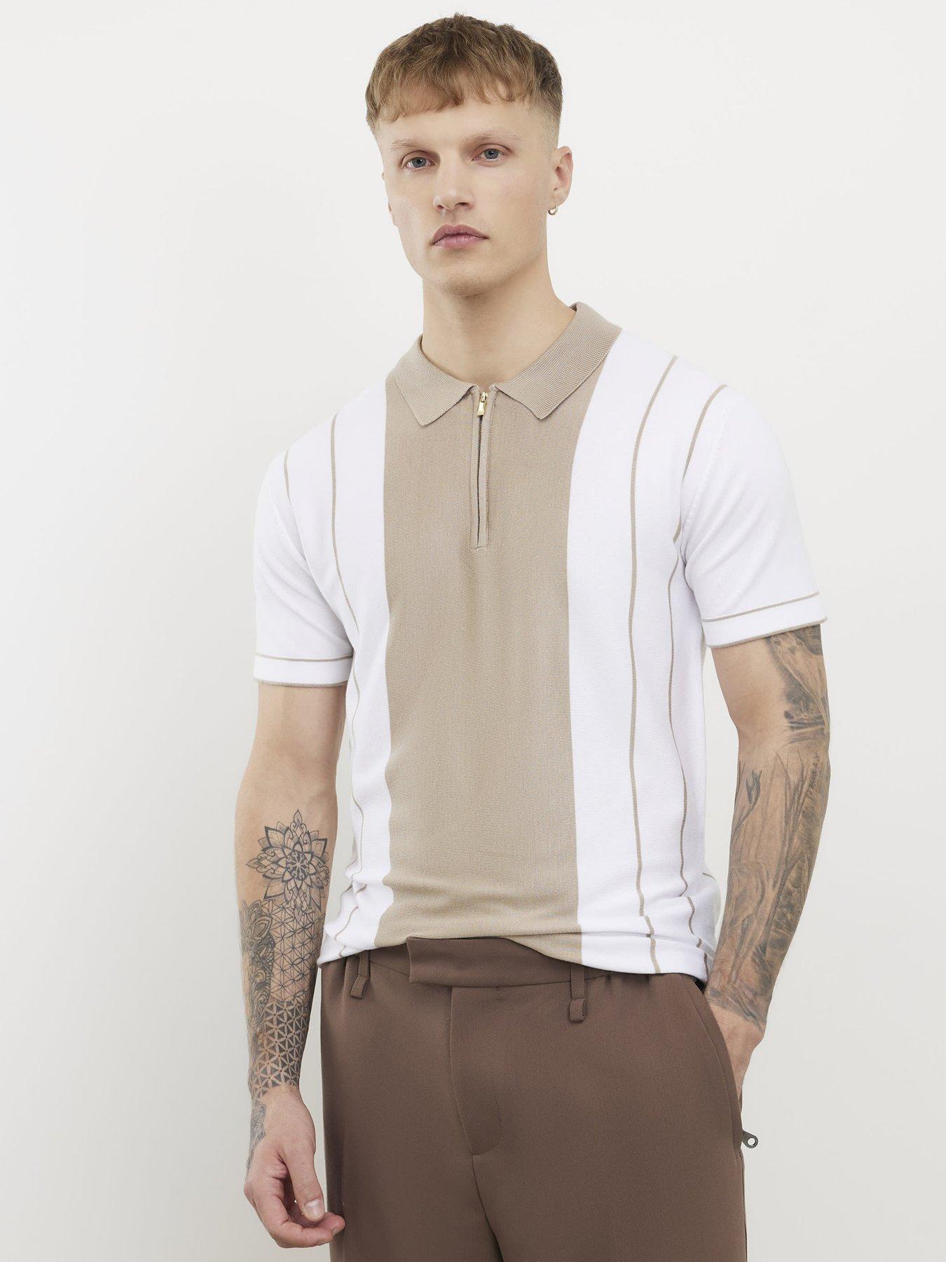 River Island Beige Colour Blocked Stripe Polo Shirt