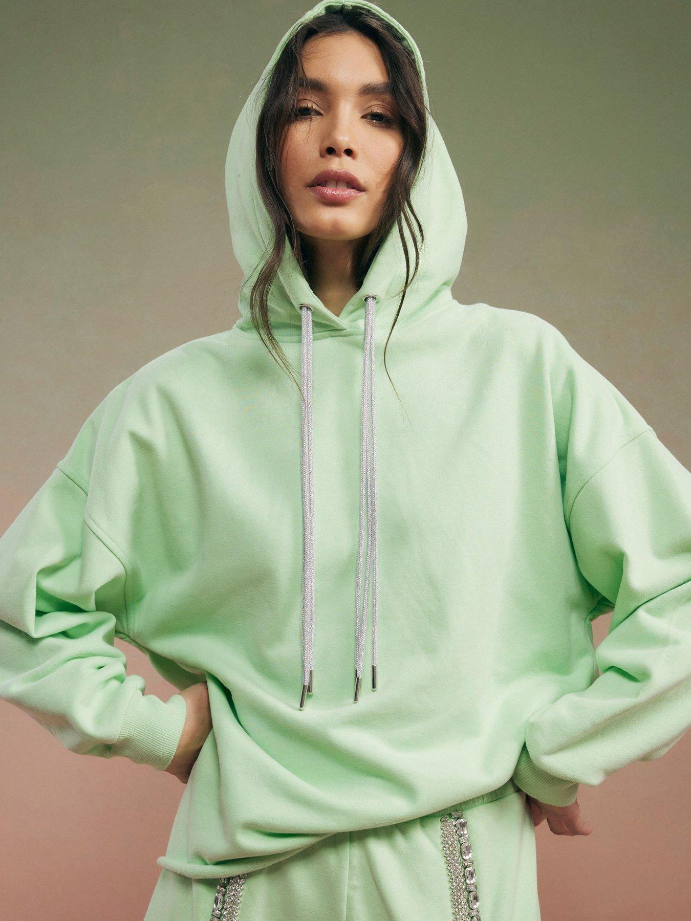 Image 1 of 4 of River Island Year Zero Embellished Cord Hoodie - Green