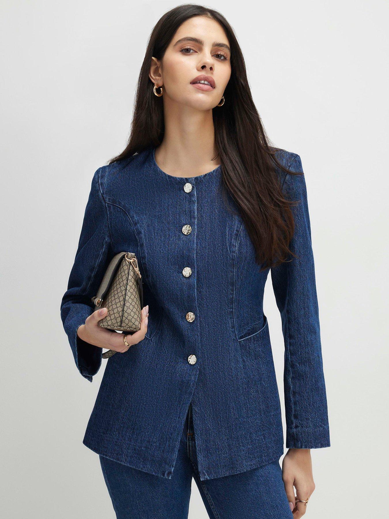 Image 1 of 4 of River Island Denim Collarless Trophy Jacket
