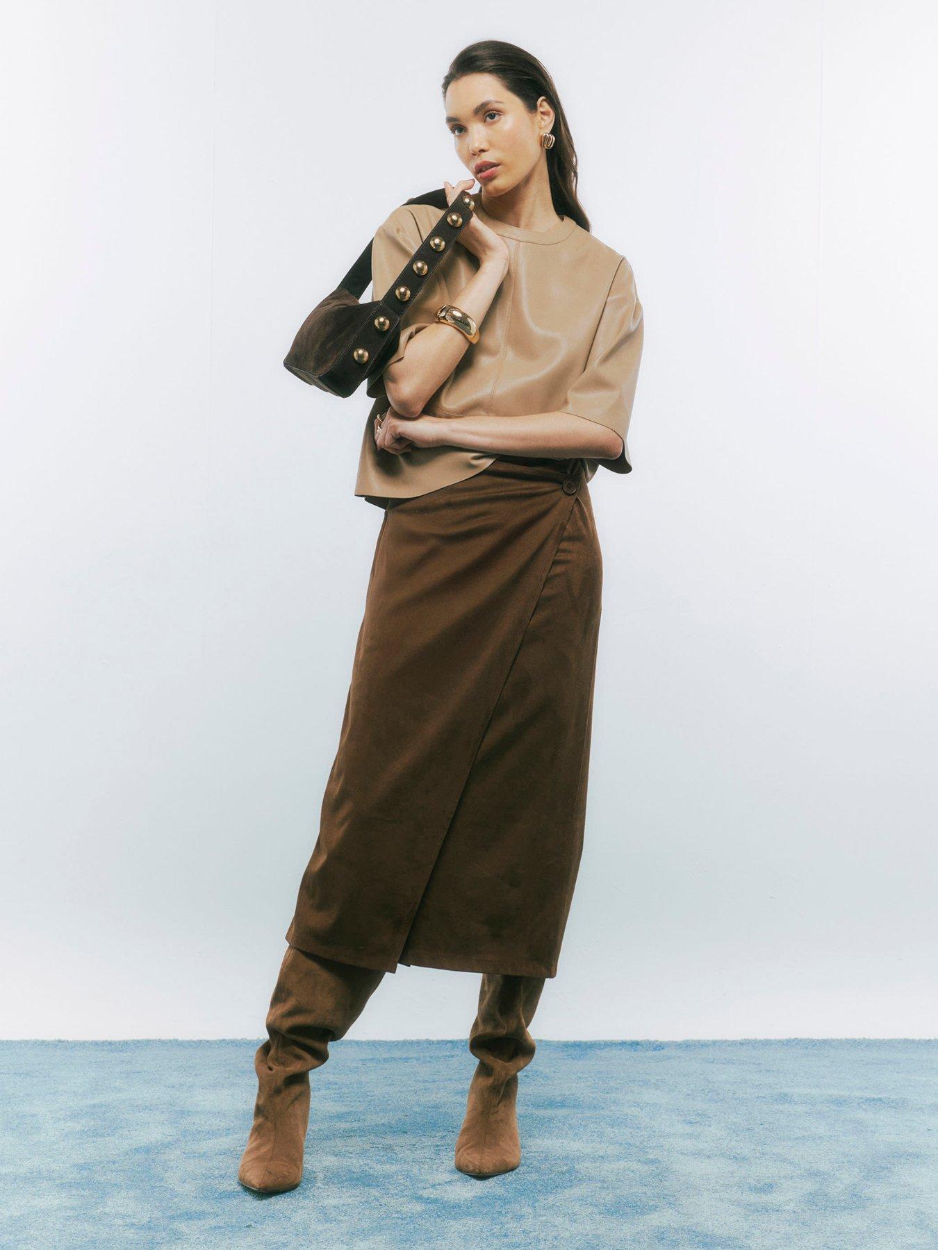 River Island Faux Suede Wrap Midi Skirt