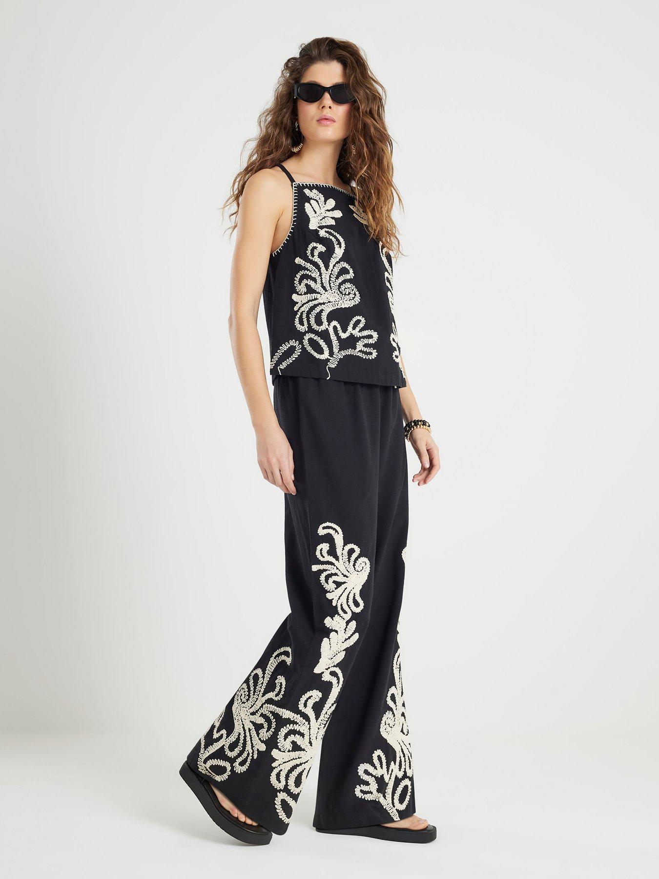 River Island Embroidered Wide Leg Trousers