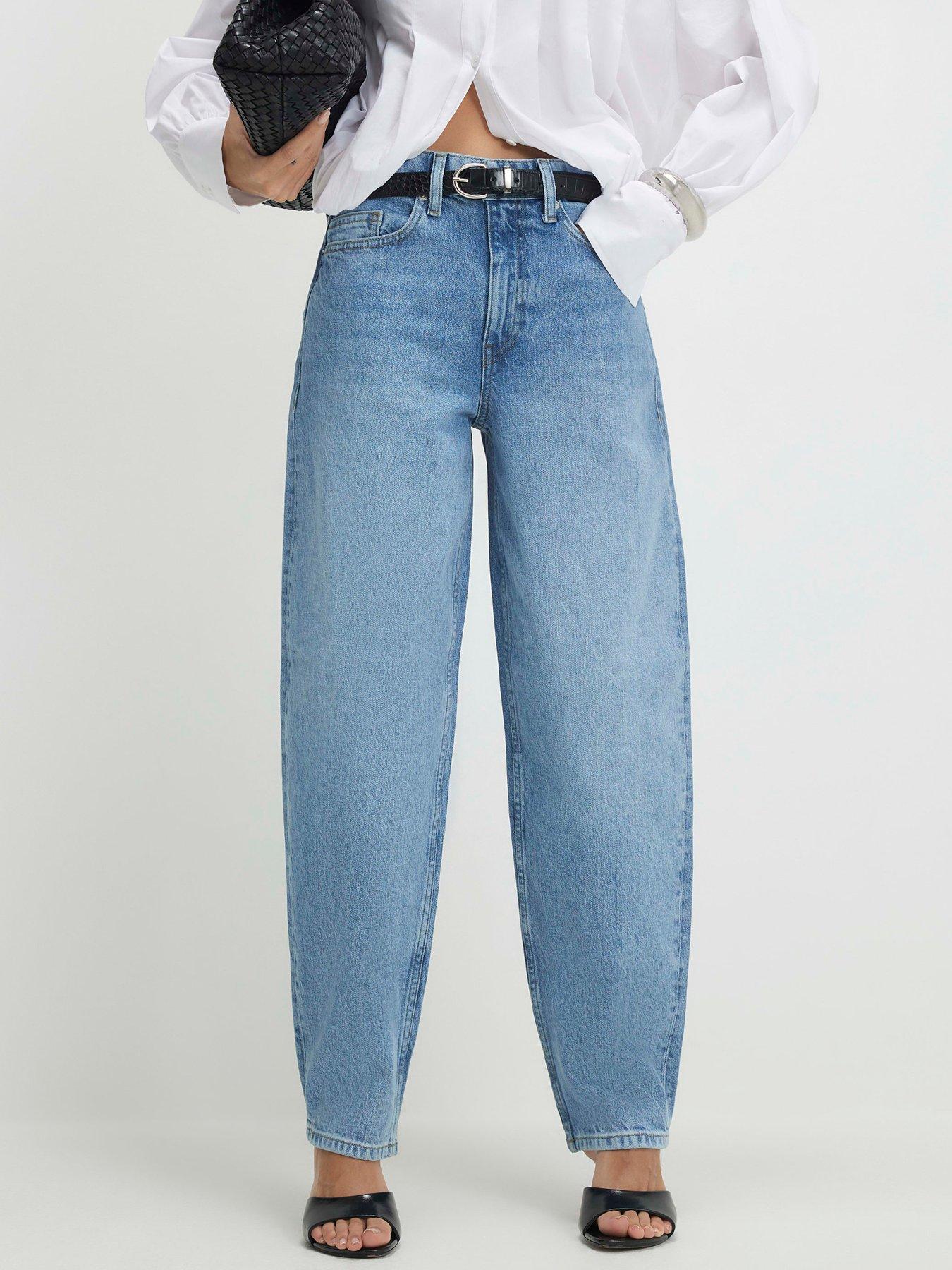 River Island Mid Rise Barrel Leg Jeans, Blue, Size 18, Inside Leg Regular, Women