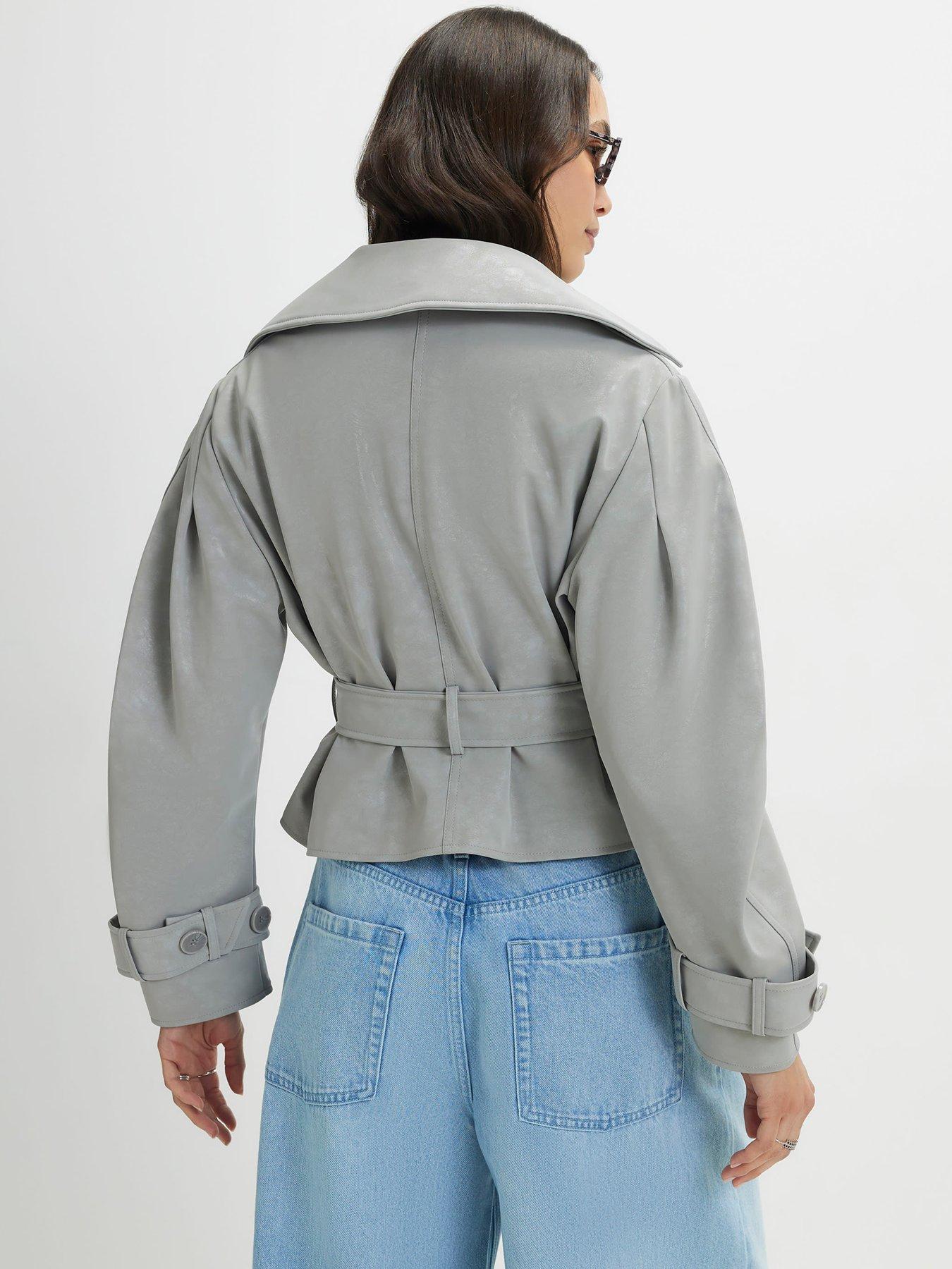 Image 2 of 4 of River Island Faux Leather Cropped Belted Trench Coat