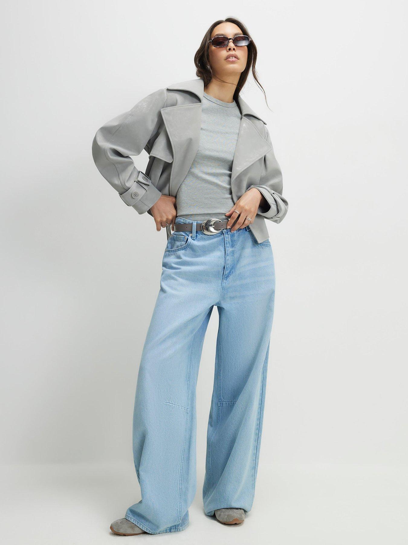 Image 3 of 4 of River Island Faux Leather Cropped Belted Trench Coat