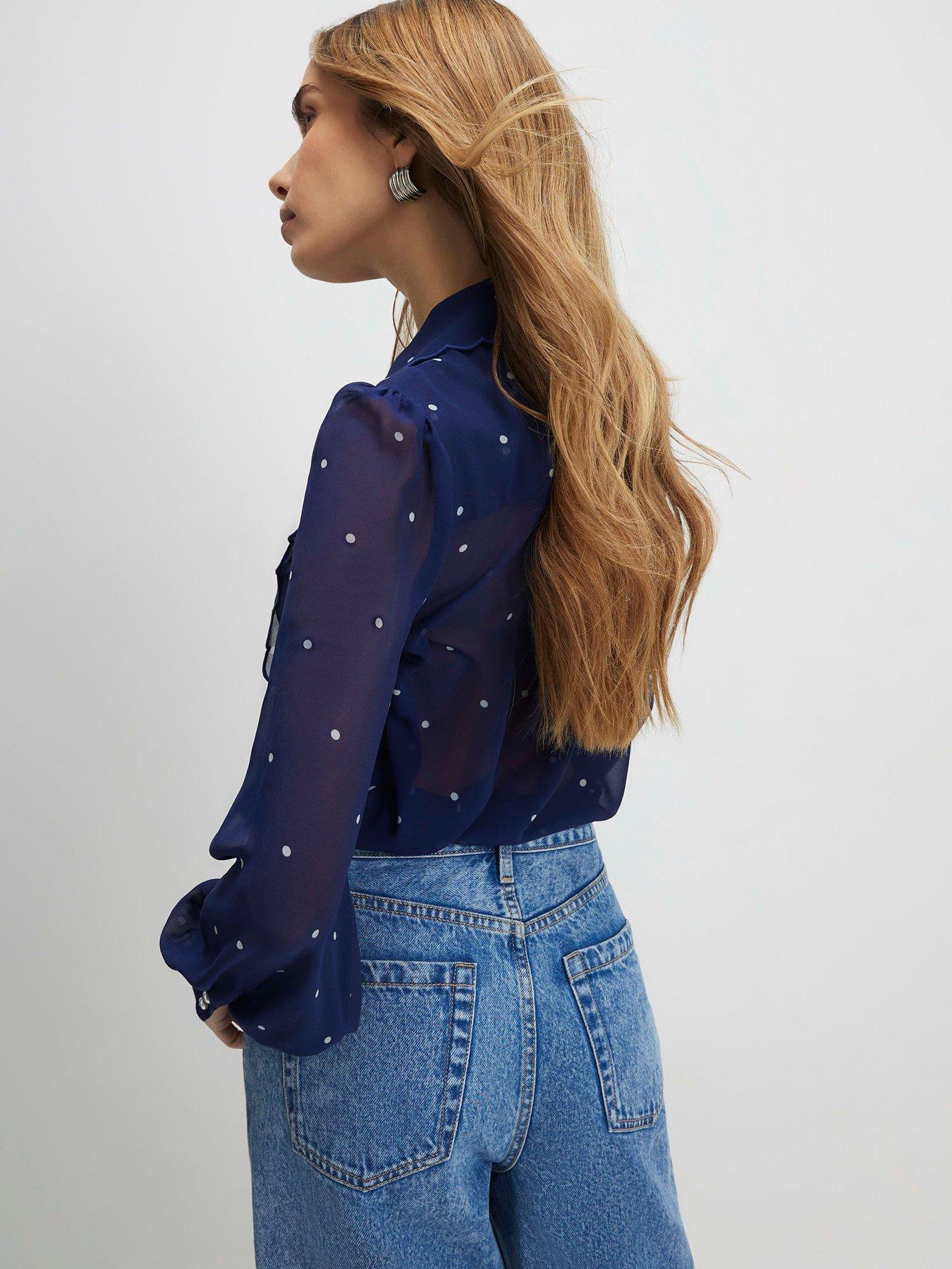 Image 2 of 2 of River Island Spot Print Scallop Detail Chiffon Shirt