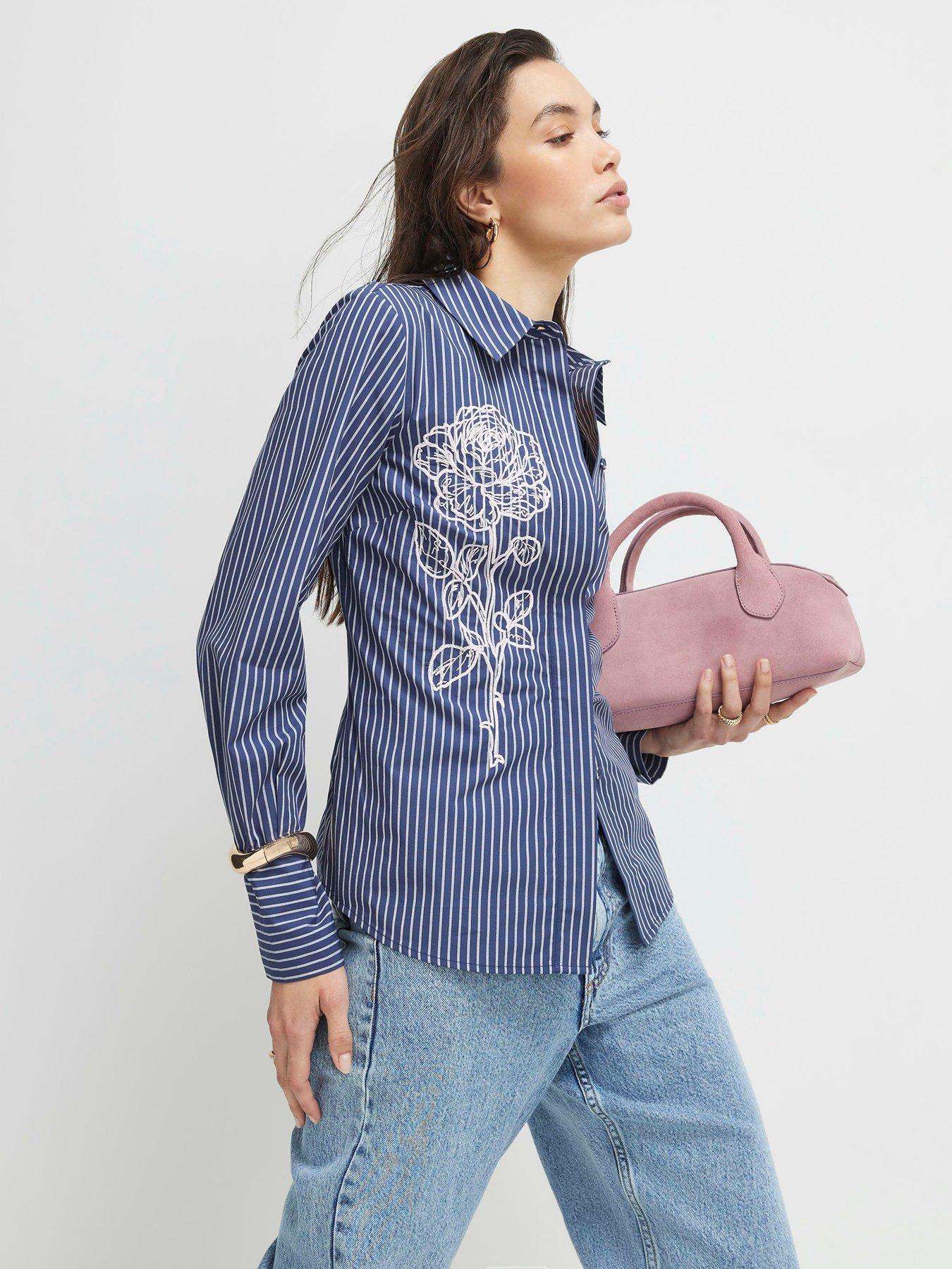 Image 1 of 4 of River Island Striped Long Sleeve Embroidered Shirt