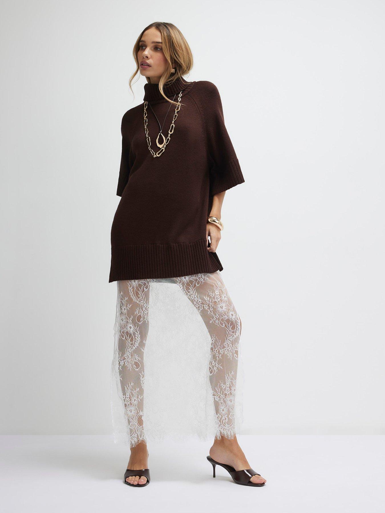 River Island Hybrid Lace Hem Midi Dress - Brown