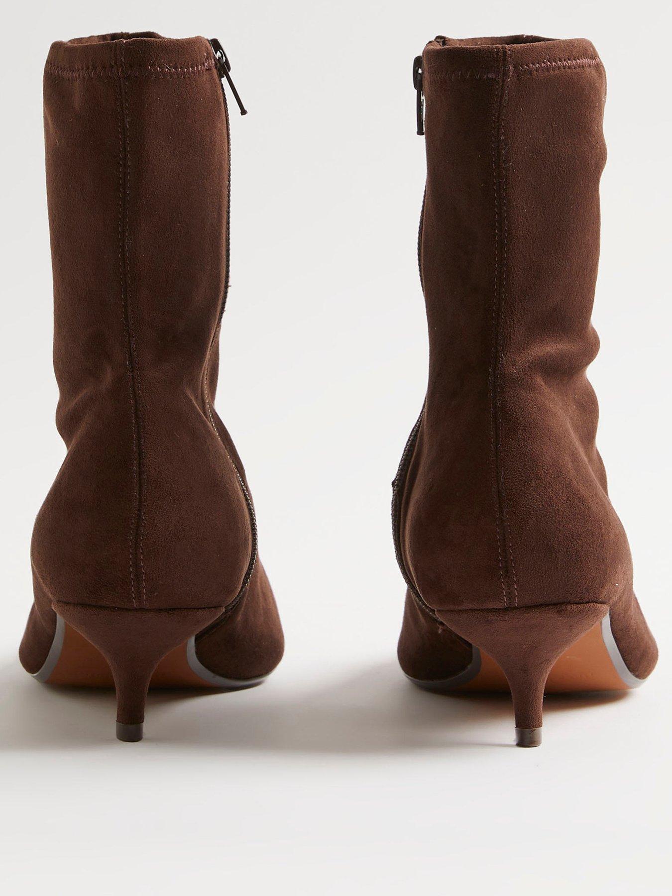 Image 3 of 4 of River Island Faux Suede Pointed Toe Sock Boots - Brown