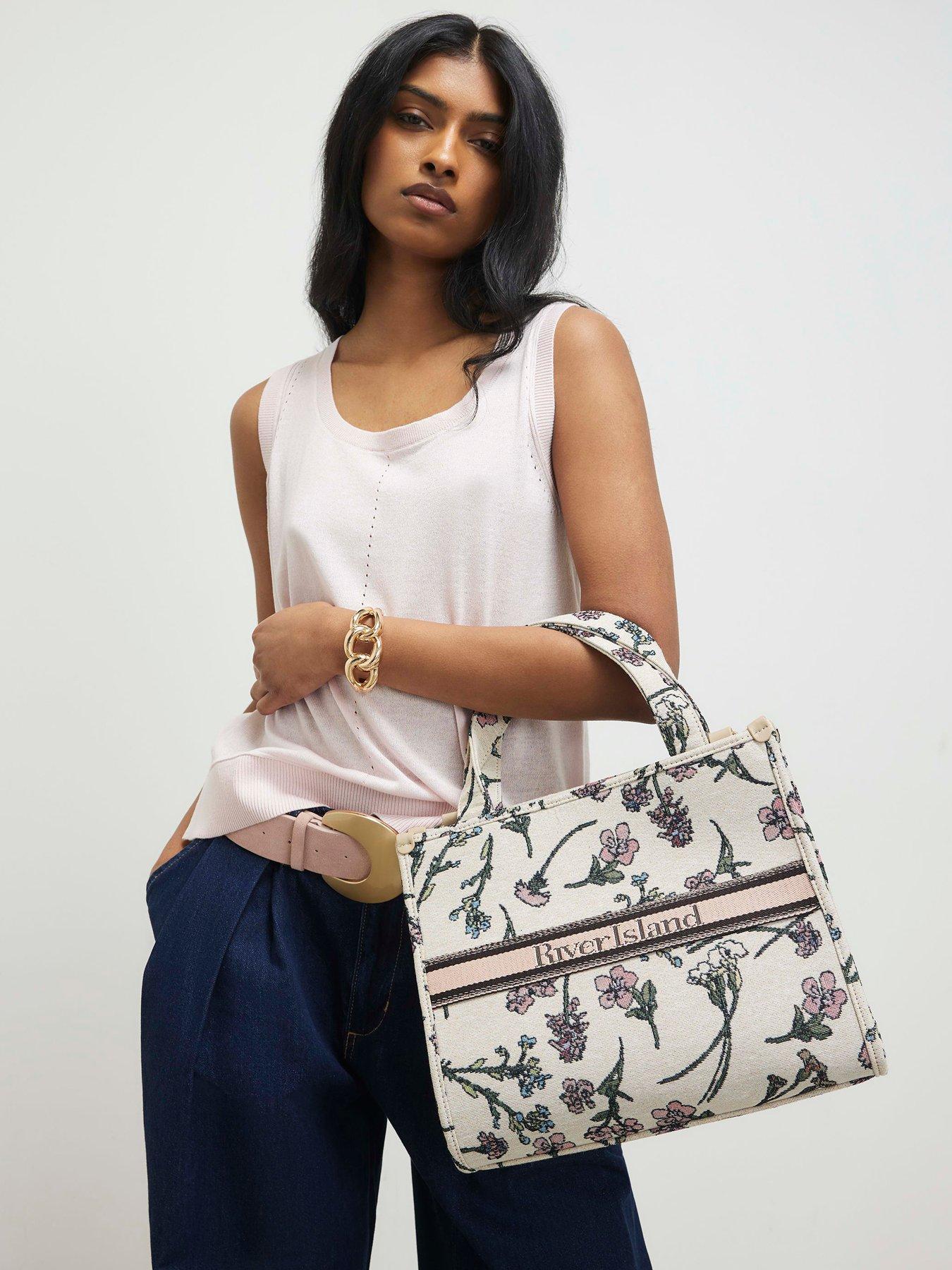Image 1 of 4 of River Island Floral Jacquard Tote Bag - Cream
