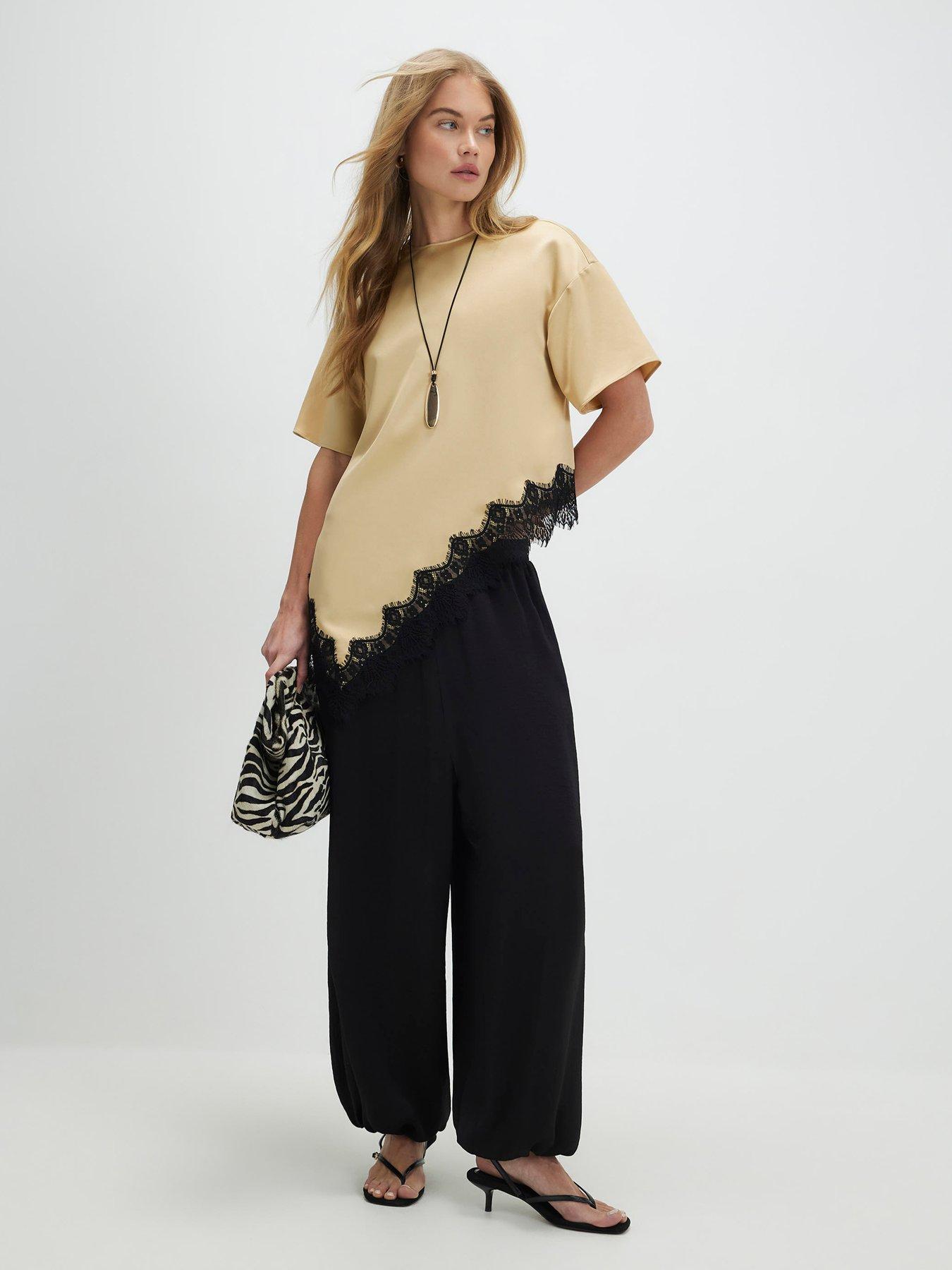 River Island Beige Asymmetric Lace Satin T-shirt - Natural