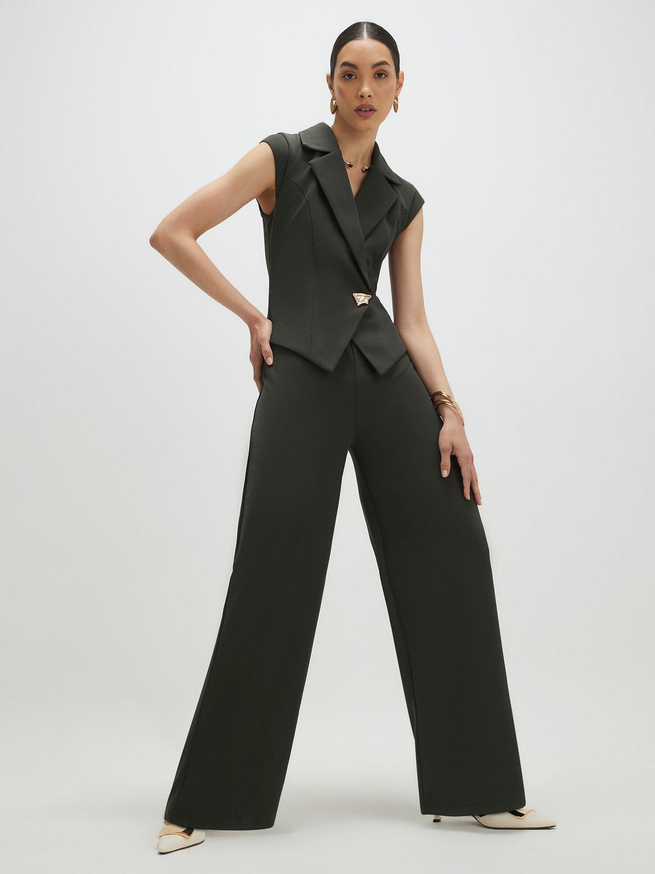 Image 3 of 4 of River Island Cap Sleeve Wide Leg Jumpsuit - Green
