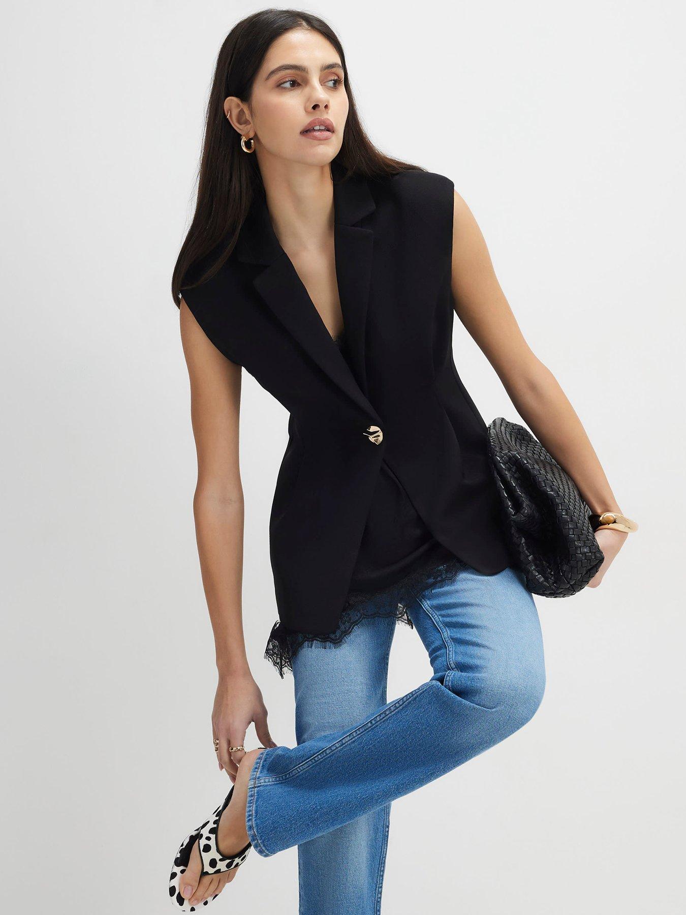 Image 1 of 4 of River Island Sleeveless Cinched Waist Blazer - Black