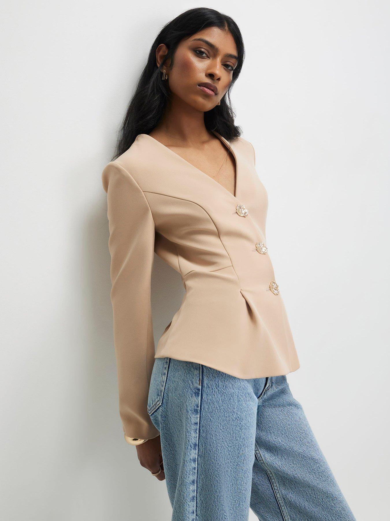 River Island Long Sleeve Pleated Jacket - Beige