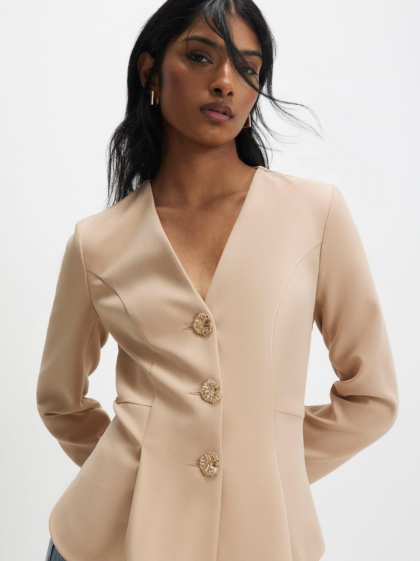 Image 4 of 4 of River Island Long Sleeve Pleated Jacket - Beige