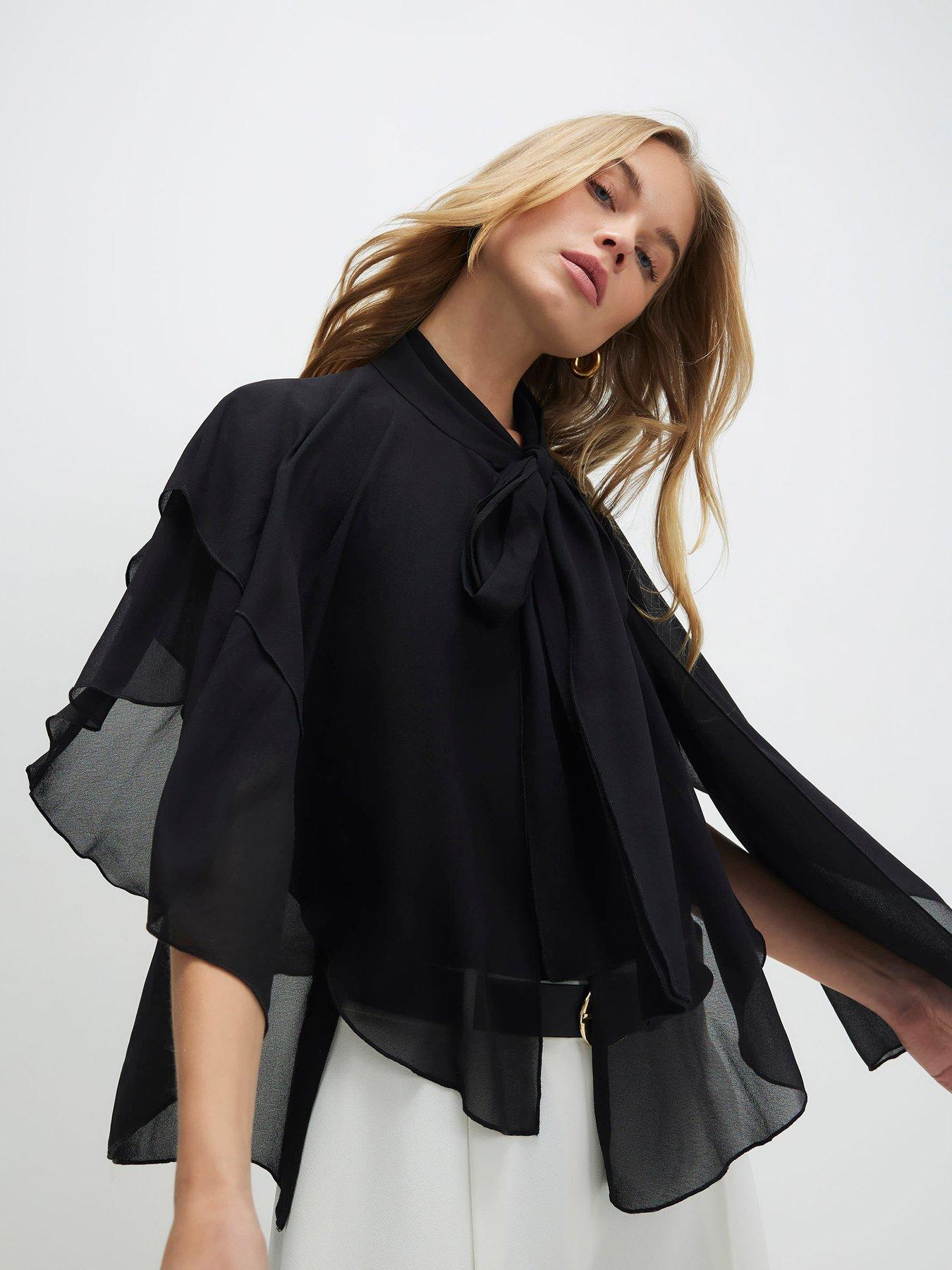 Image 1 of 4 of River Island High Neck Ruffle Cape - Black