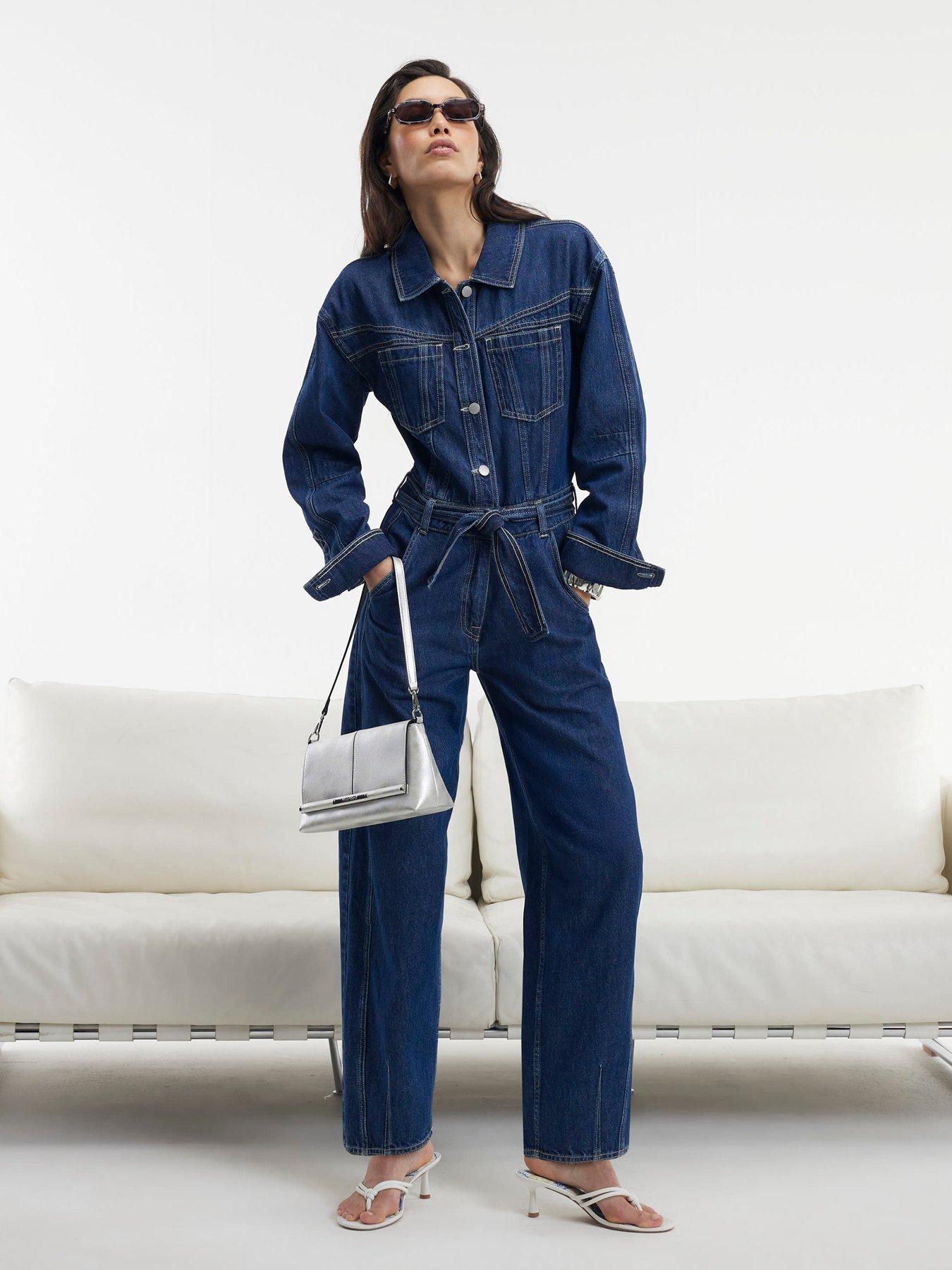 River Island Utility Belted Barrel Leg Denim Jumpsuit - Blue