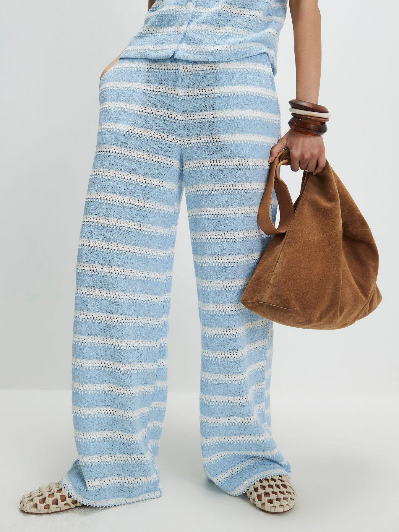 River Island Striped Crochet Wide Leg Trousers, Blue, Size S, Women