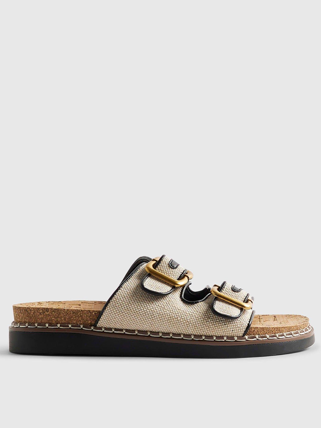 Image 1 of 1 of River Island Double Strap Footbed Sandals - Beige