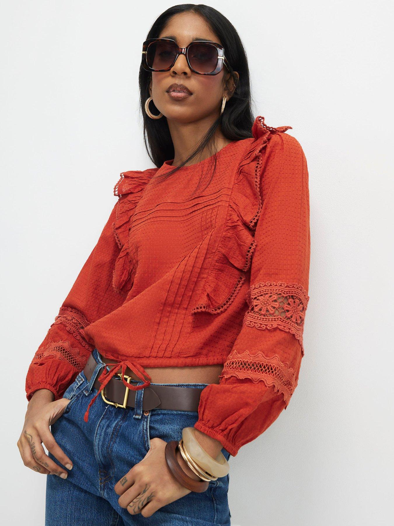 River Island Long Sleeve Ruffle Blouse - Dark Orange