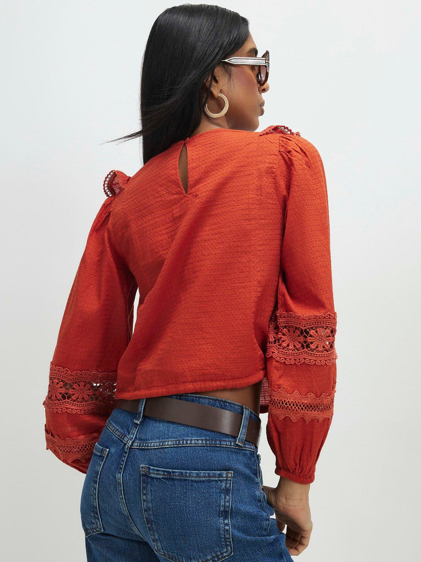 Image 2 of 4 of River Island Long Sleeve Ruffle Blouse - Dark Orange