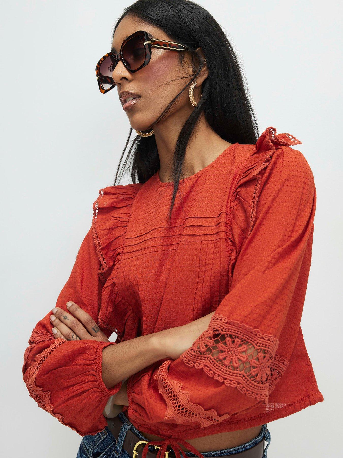 Image 4 of 4 of River Island Long Sleeve Ruffle Blouse - Dark Orange