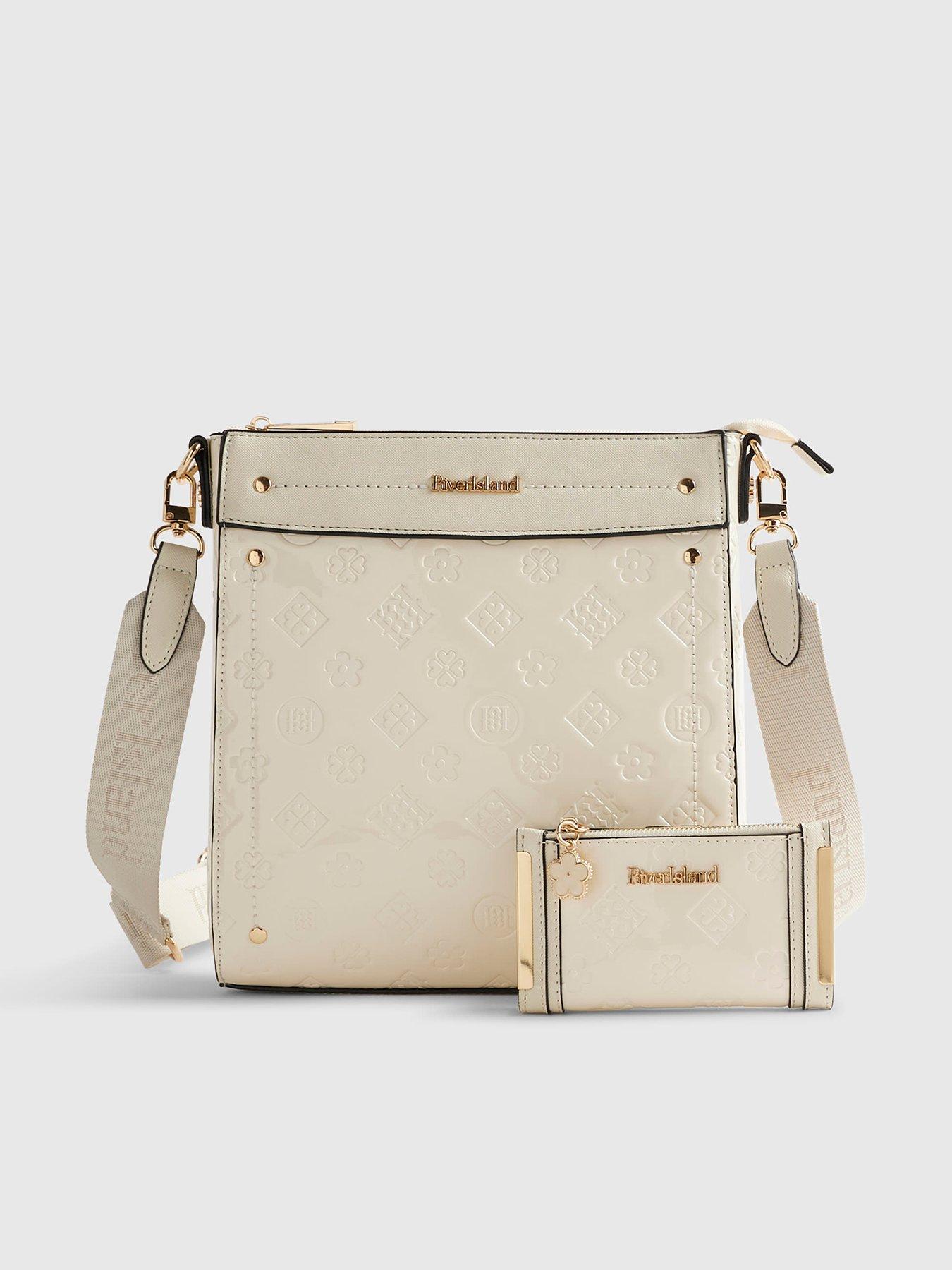Image 1 of 4 of River Island Embossed Monogram Messenger Bag Bundle - Cream