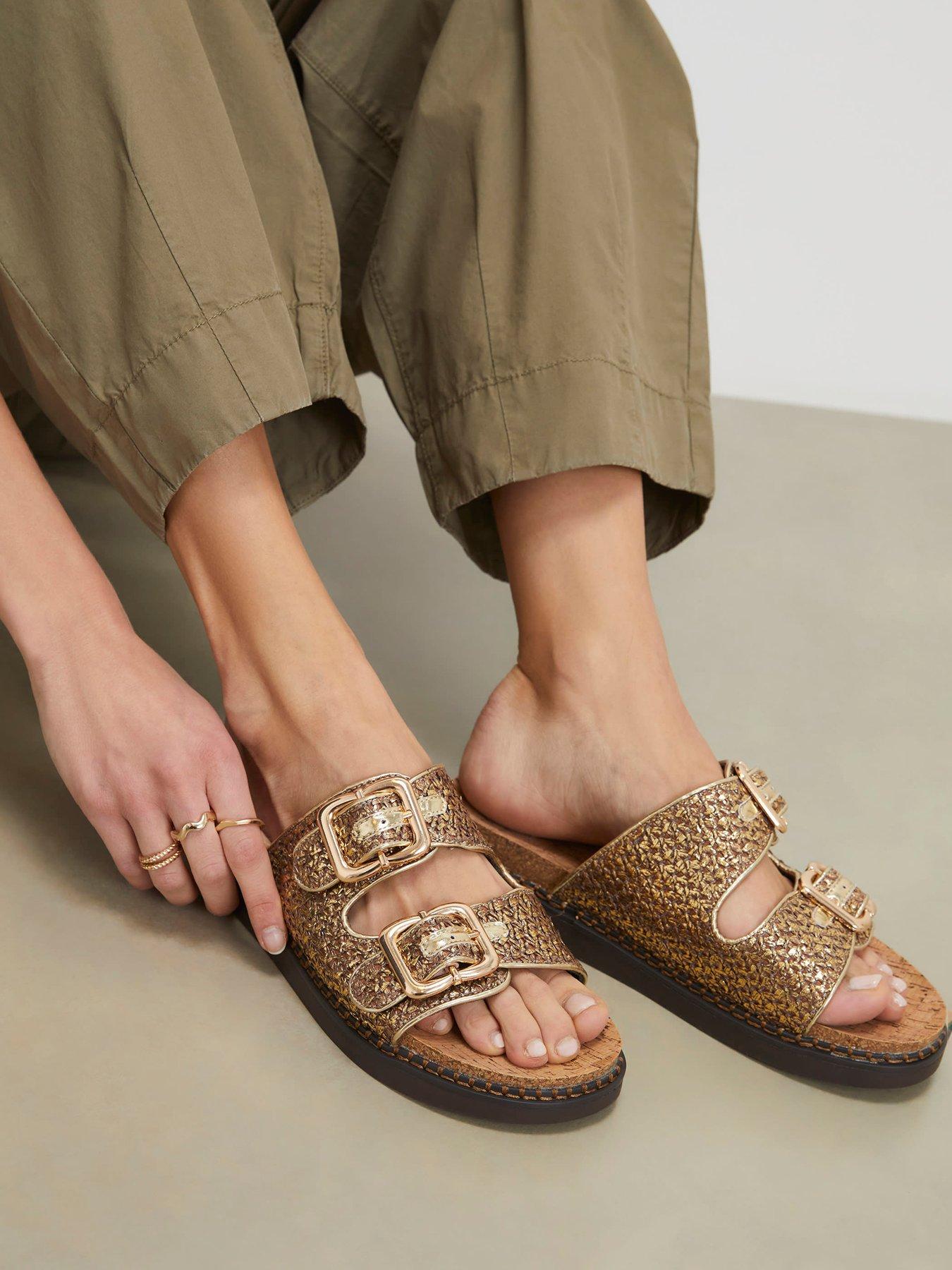 River Island Double Strap Footbed Sandals - Gold