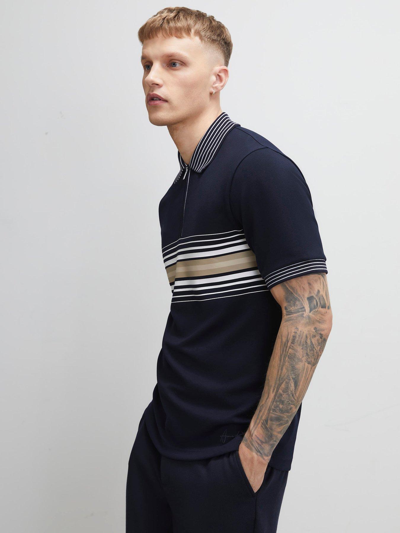 River Island Slim Fit Stripe Polo Shirt - Blue