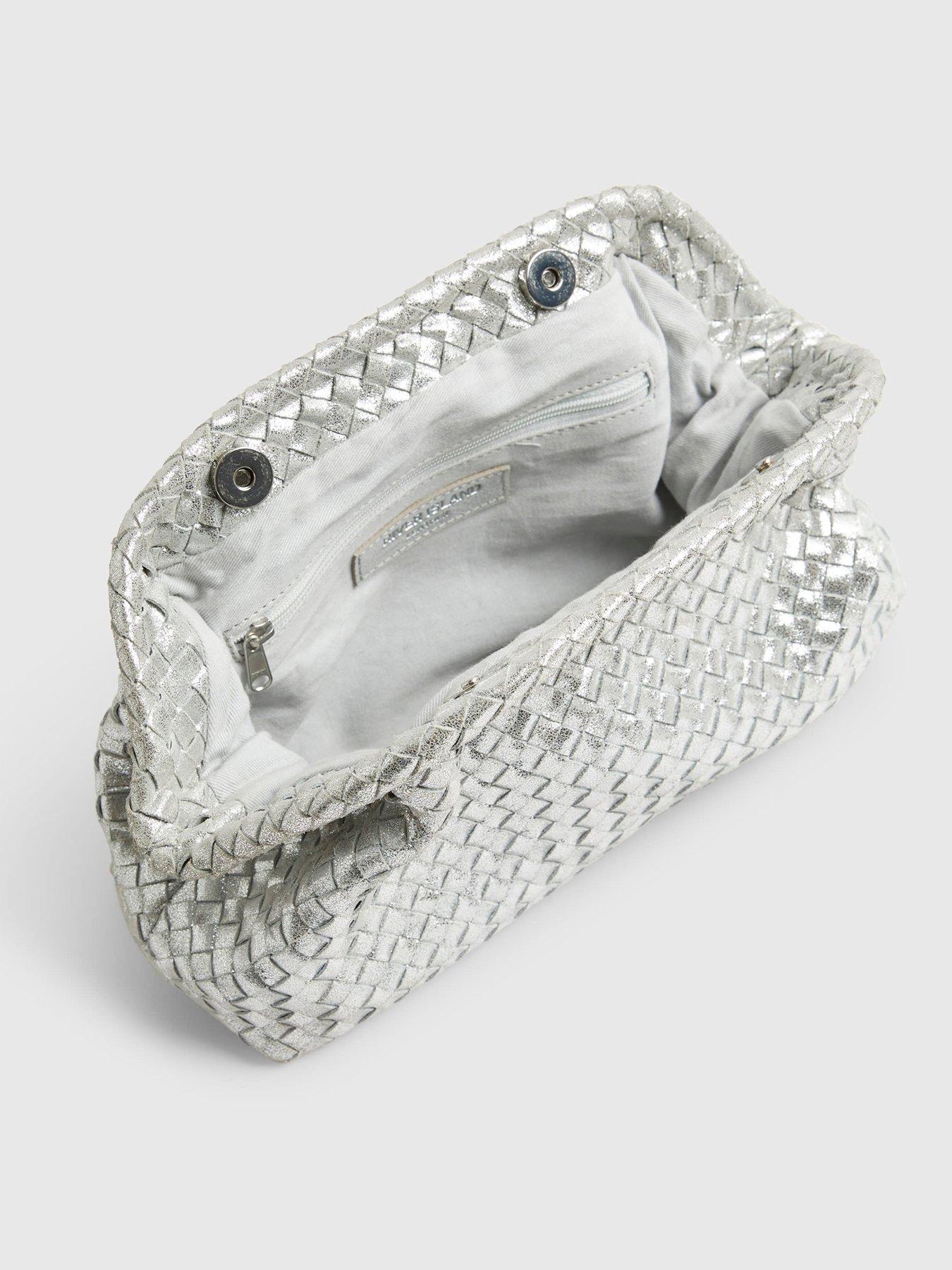 Image 4 of 5 of River Island Leather Woven Clutch Bag - Silver