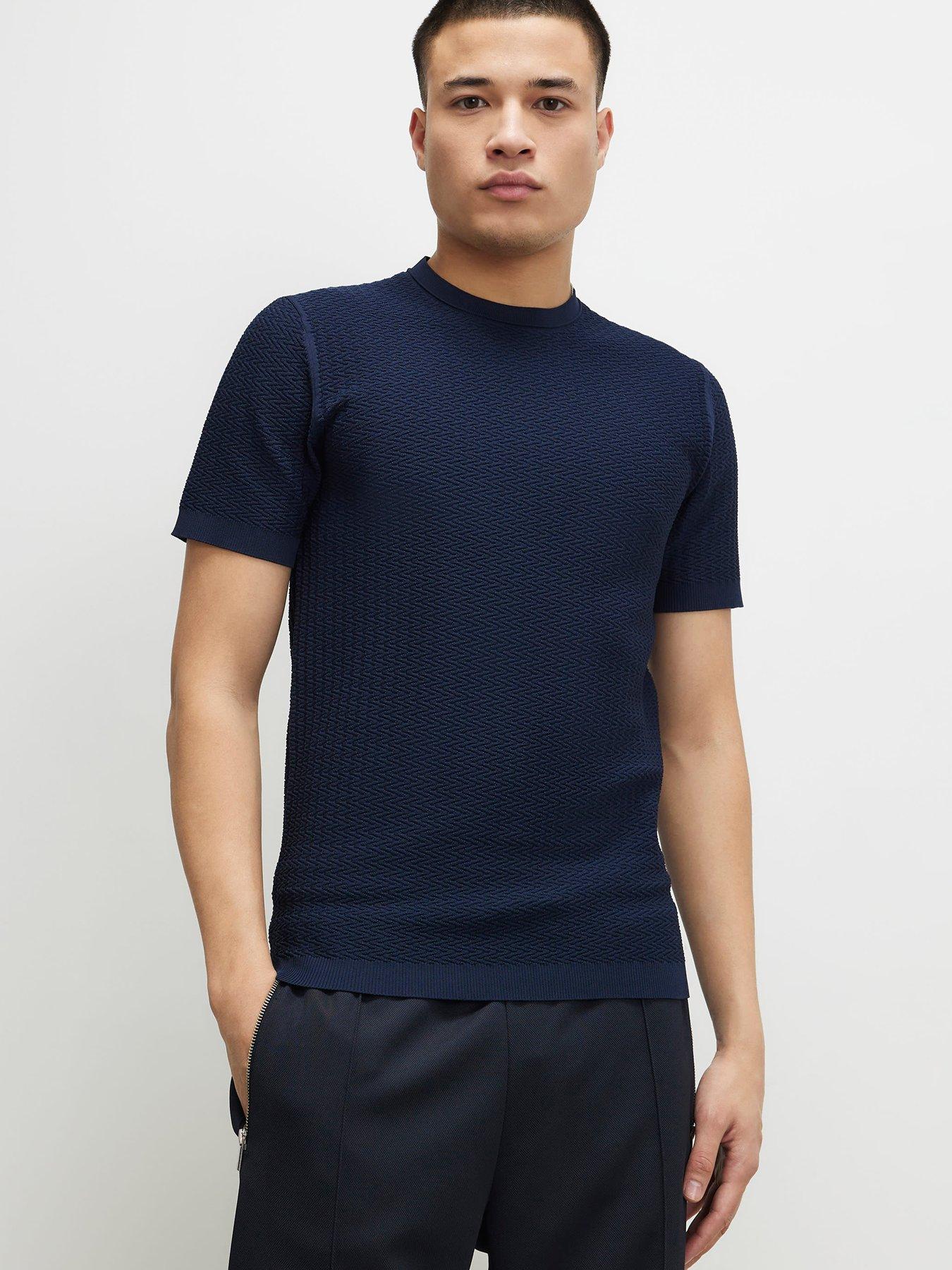 River Island Muscle Fit Zig Zag Textured T-shirt - Blue