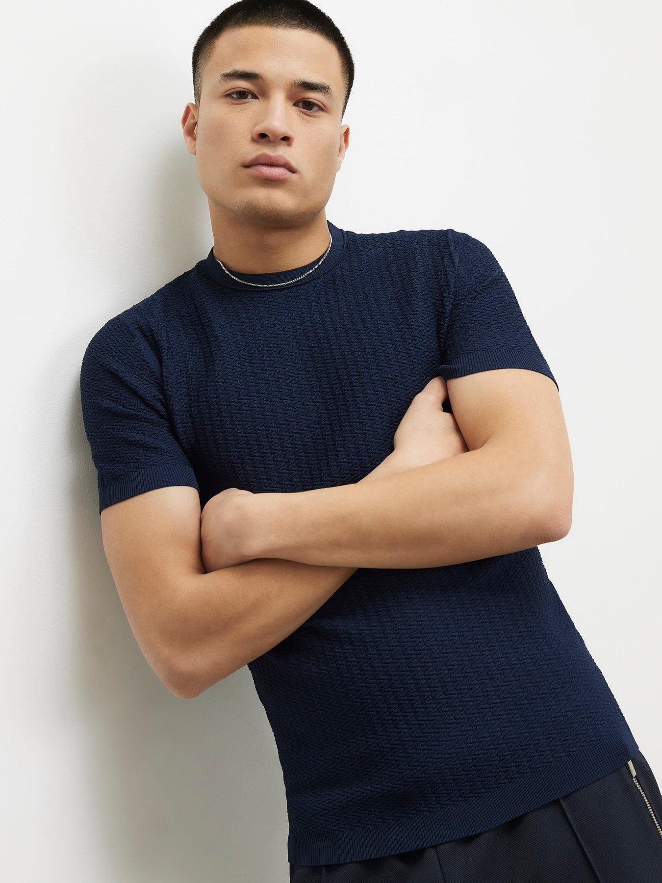 Image 4 of 4 of River Island Muscle Fit Zig Zag Textured T-shirt - Blue
